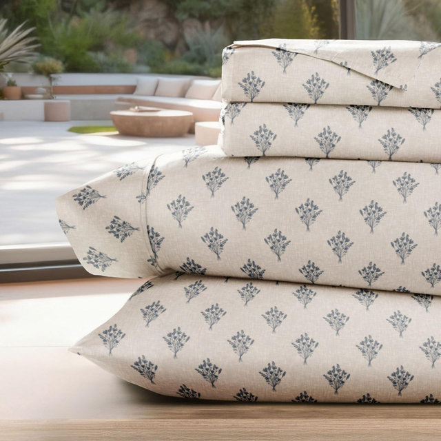 Pattern Bed Sheet Set, Soft Double Brushed Microfiber, 4 Piece, Delicate Details - Becky Cameron, Floral Bouquet Stone, Full