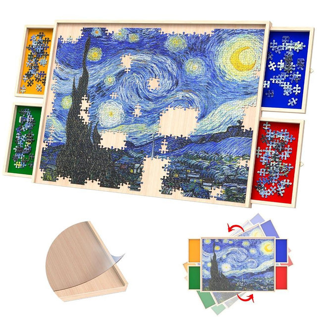 Rotatable 360-Degree Wheels Puzzle Board with Drawers and Cover 1000 Pieces Lightweight Portable Wooden Puzzle Table for Adults Kids 30'' x 22''