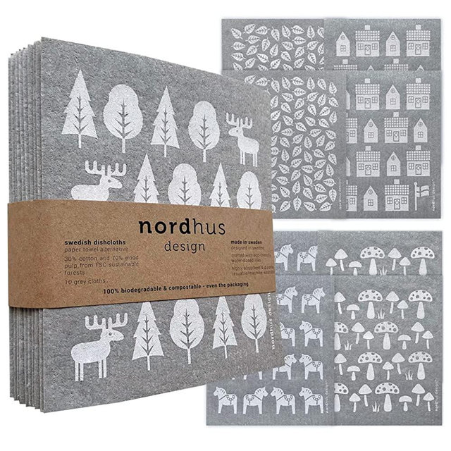 Nordhus Design Swedish Dish Clothes - Made in Sweden - Reusable and Replace Paper Towels, Sponges and Dish Rags - Eco Friendly, Biodegradable, Absorbent and Quick Drying Cellulose Cloths