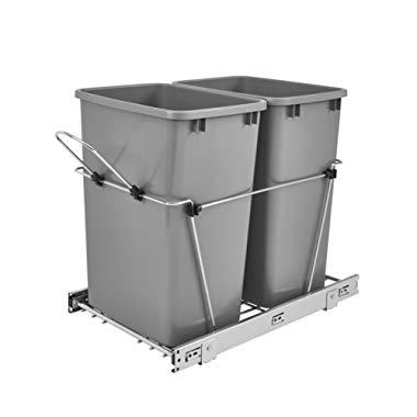 Rev-A-Shelf RV-18KD-17C S Double 35 Quart Sliding Pull Out Kitchen Cabinet Waste Bin Container, Gray