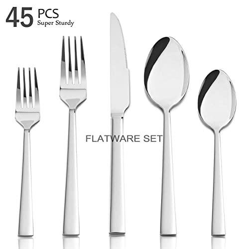 45-Piece Modern Silverware Set, HaWare Stainless Steel Elegant Flatware with Square Edge, Come with 5-Piece Serving Utensils, Service for 8, Mirror Polished & Dishwasher Safe