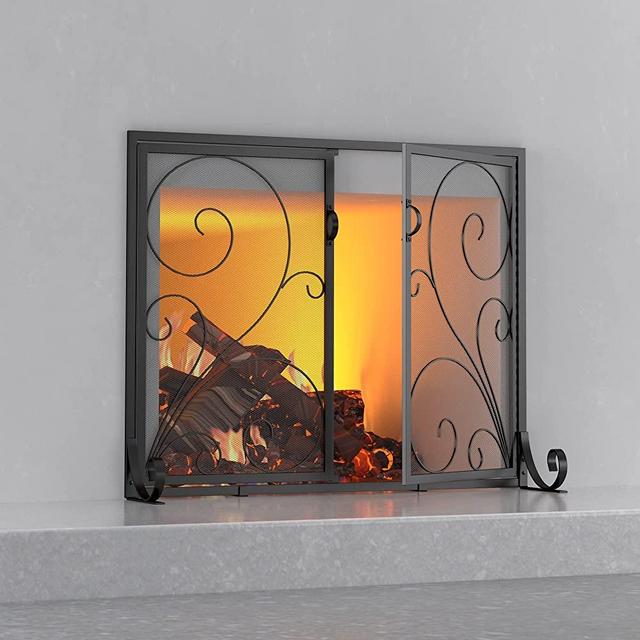 Fire Beauty Fireplace Screen with Doors, Handcrafted Solid Steel, Heavy Duty Metal Mesh, Powder Coat Finish, Free Standing Spark Guard