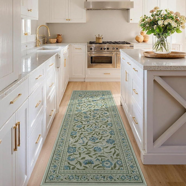 Collive 2 x 6 Runners for Hallway, Washable Kitchen Runner Rug Non-Slip, Green Floral Soft Bedroom Rugs Modern Vintage Bathroom Mat Low Pile Stain Resistant Carpets for Indoor Decor