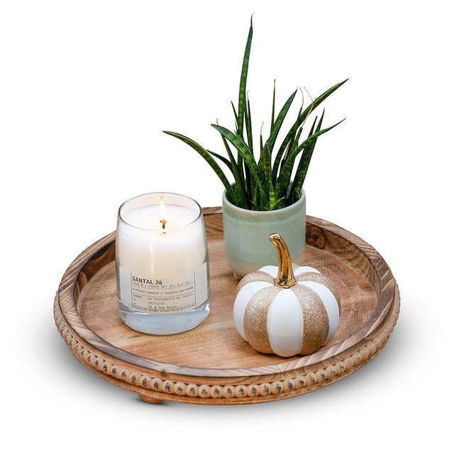 CozyHavenShop Rustic Oak Round Wooden Decorative Tray, 12"L x 12"W x 2.36"H, Perfect for Dining, Kitchen, Living Room & Coffee Table Decor