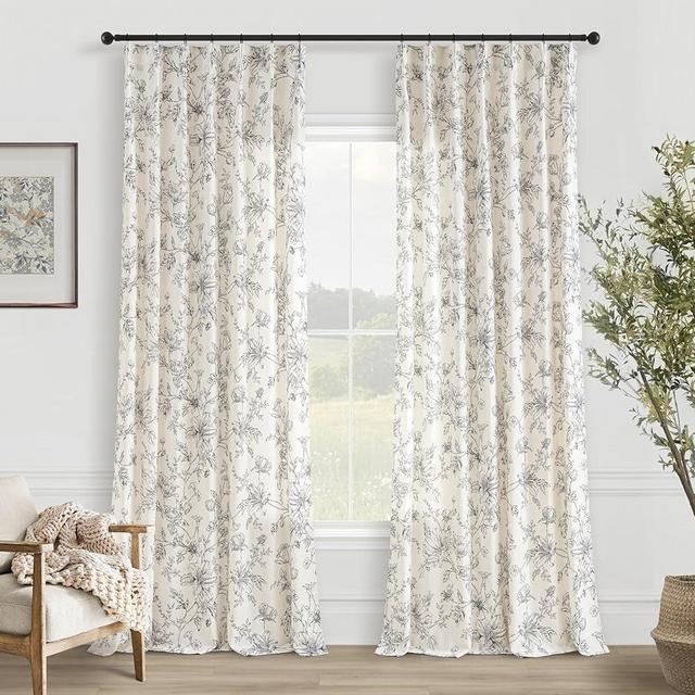 Vintage Floral Curtains 96 Inches Long for Living Room Pinch Pleated Black Botanical Patterned Curtains Print Burlap Boho Farmhouse Country Style Shabby Chic Semi Sheer Linen Drapes for Bedroom 8 FT