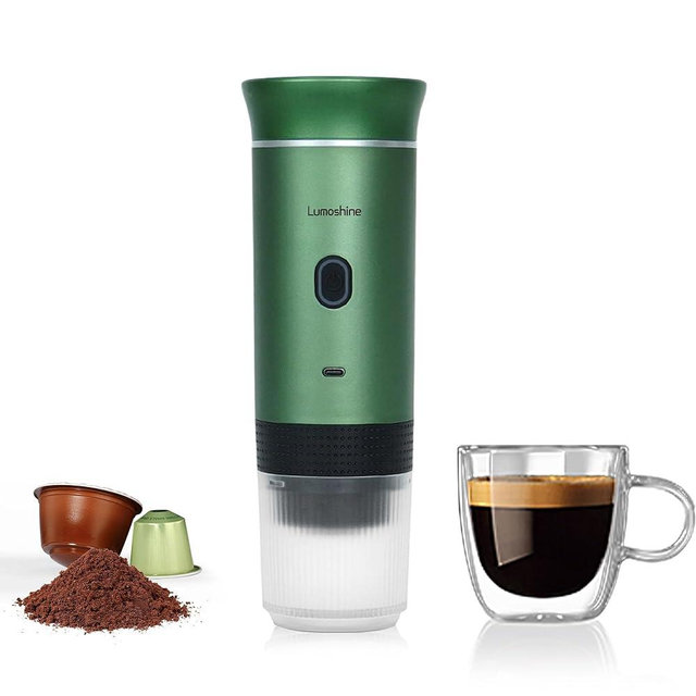 LumoShine Portable Espresso Machine, Mini Espresso Maker, Self Heating Coffee Maker Compatible with Ground Coffee, Capsule for Camping RV Hiking Outdoor Travel Green