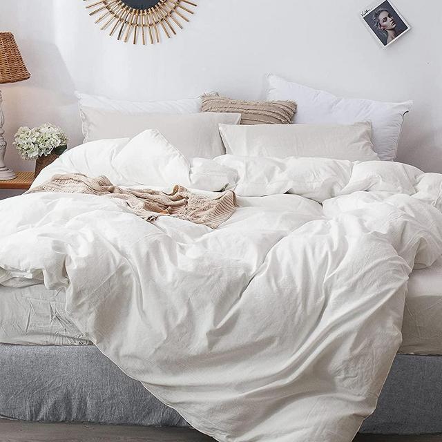 MooMee Bedding Duvet Cover Set 100% Washed Cotton Linen Like Textured Breathable Durable Soft Comfy (Cream White, Queen)