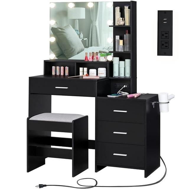 usikey Large Vanity Table Set with Lighted Mirror & Charging Station, Makeup Vanity Dressing Table with 4 Storage Shelves and 4 Drawers, Vanity Desk with 3-Drawer Chest and Cushioned Stool, Black