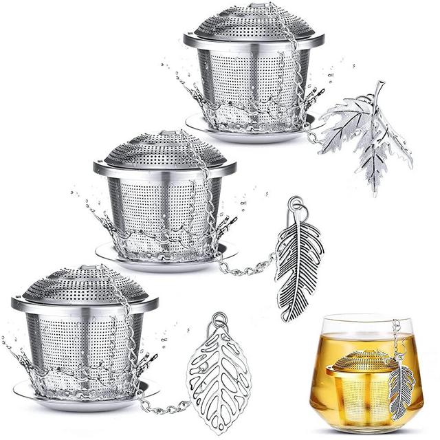 Tea Infusers for Loose Tea 3 Sets Loose Leaf Tea Steeper Tea Strainer Stainless Steel Tea Ball for Loose Tea Holder Tea Mesh Strainer Tea Filters with Drip Trays and Pendant (Forest Style)