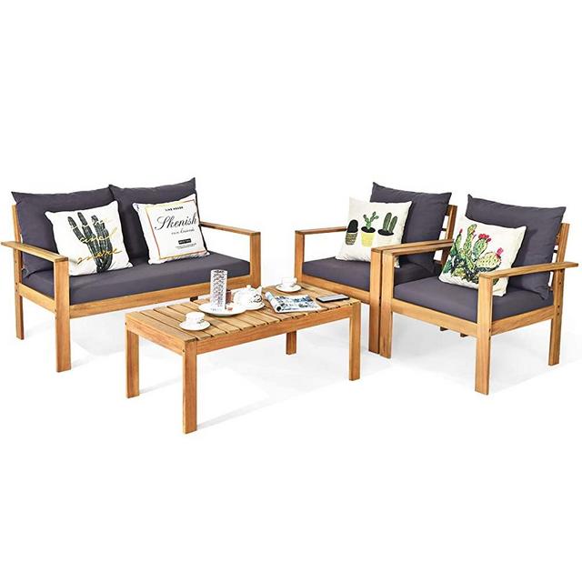 Tangkula Outdoor 4-Piece Acacia Wood Chat Set, 4 Seater Acacia Wood Conversation Sofa and Table Set with Water Resistant Cushions, Teak Finished (1, Grey)