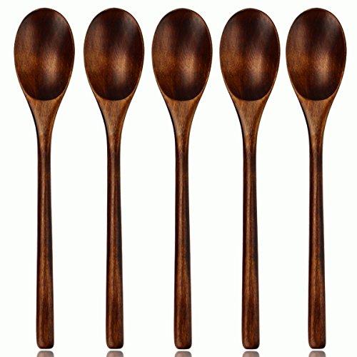 Wooden Spoons, Wood Spoons for Eating, 5 Pieces Japanese Natural Plant Ellipse Wooden Ladle Spoon Set for Cooking Mixing Stirring Honey Tea Soda Dessert Coconut Bowl Nonstick Pots Kitchen,FDA Approved