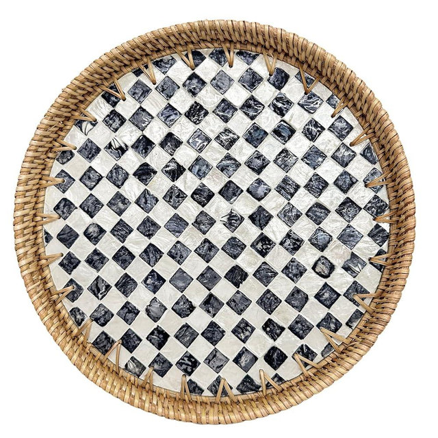 Round Rattan Tray with Mother of Pearl Inlay, Decorative Basket with Wooden Base, Woven Tray for Kitchen Island Decor, Table Decor, Storage and Display of Food (Checkerboard, 11.8")