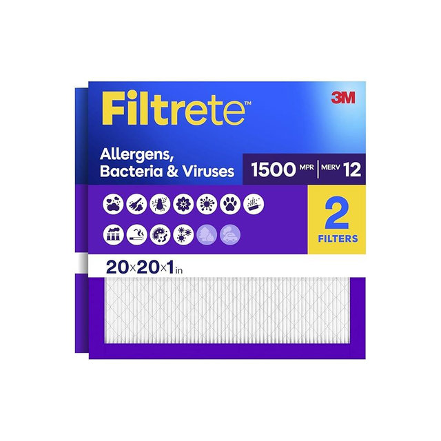 Filtrete 20x20x1 Air Filter, MERV 12, MPR 1500, Allergens, Bacteria & Viruses, 3-Month AC and Furnace Filters, Cleaner Air, Reliable Airflow, 2 HVAC Filters (Actual Size 19.62 x 19.62 x 0.78 in)