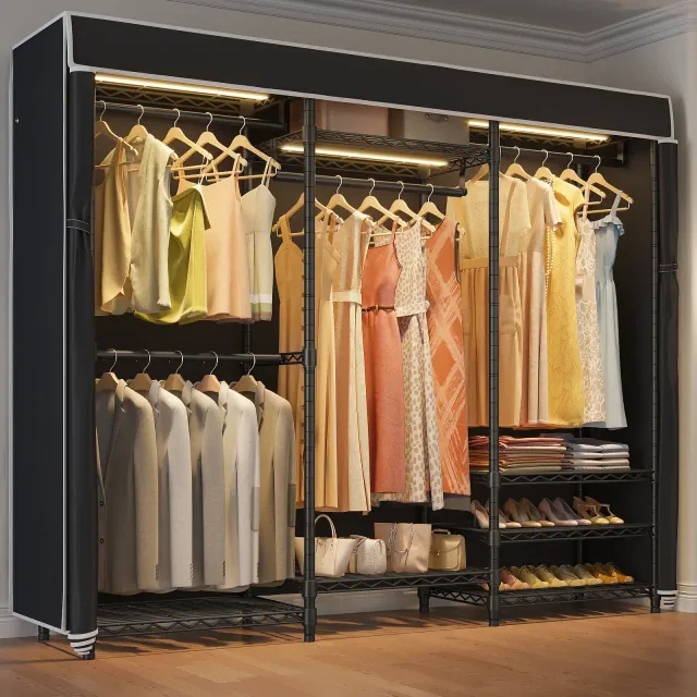 VIPEK V5LC Garment Rack Heavy Duty Covered Clothes Rack with Dimmable LED Lights, Portable Closet Wardrobe Clothing Rack, Black Rack with Black Cover