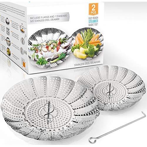 Two-Pack (Large and Standard) Vegetable Steamer Basket Set - Steamer Inserts for Instant Pot + Safety Tool - 100% Stainless Steel - Pressure Cooker & Instant Pot Accessories, Pot in Pot - Egg Rack