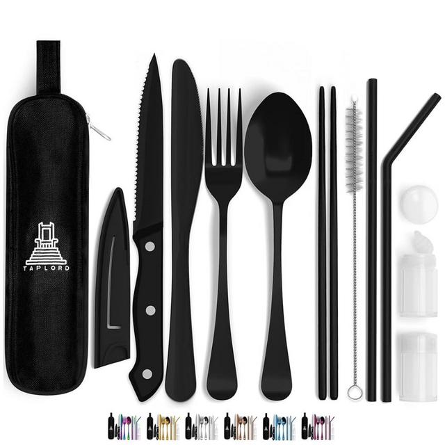 Taplord Portable Travel Utensil With Case, Including 10 Pcs of Reusable Silverware Set, Stainless Steel Flatware Set For Camping, Easy to Travel, lightweight (Black)