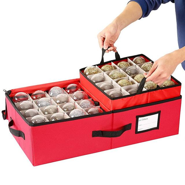 Sattiyrch Underbed Christmas Ornament Storage Box Zippered Closure - Stores up to 64 of The 3-inch Standard Christmas Ornaments, and Xmas Holiday Accessories Storage Container with Dividers Two Handles
