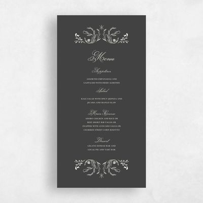 Dark Charcoal, Black Wedding Menu - Camberley