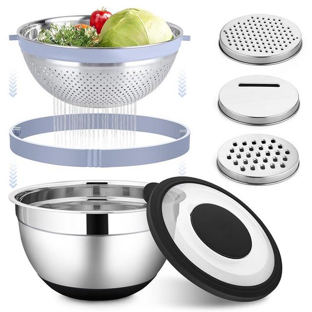 HaWare Mixing Bowl with Colander, 4-1 Stainless Steel Bowl Set with Lids & 3 Pcs Nesting Graters, Rotatable Food Strainer for Rinsing Fruits Vegetables, Non-Slip Bottom, Black