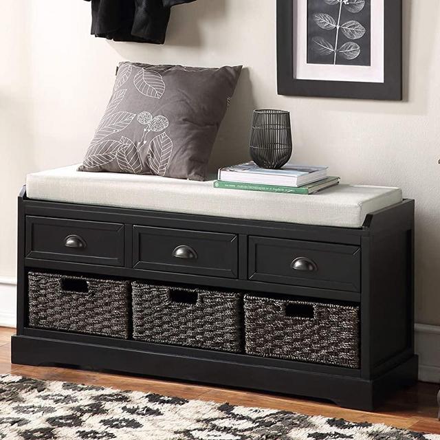 Merax Storage Bench Cabinet Entryway Storage Bench with 3 Drawers and 3 Baskets Shoe Storage Bench with Removable Cushion for Living Room, Entryway (Black)