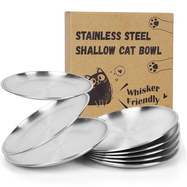 Petdream Wide Whisker Friendly Cat Dishes Set 6.7", Stainless Steel Cats Bowls, Shallow Food Bowl, Indoor Kitten Feeding Wet & Dry Food Dish to Prevent Whisker Fatigue(13 OZ) (Cat Dishes, 8 PCS)