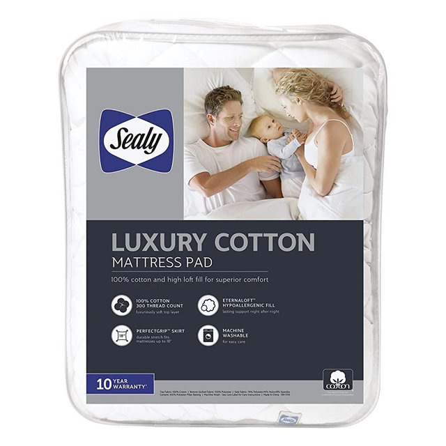 Sealy Luxury 100% Cotton Fitted Mattress Pad, Queen, White
