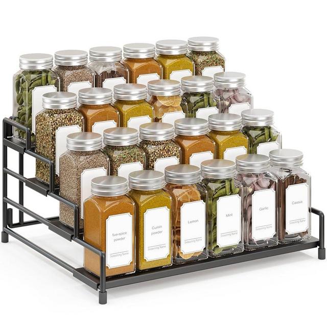 RUILALIFE 4-Tier-Spice-Rack-Organizer-for-Cabinet, Adjustable Depth Spice Holder Shelf For Countertop Pantry Cupboard, Metal Tiered Seasoning Organizer,Display Shelf Riser (Black-1 Pack)