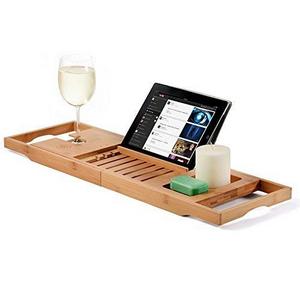 Bambüsi - Luxury Bamboo Bathtub Tray Caddy - Wooden Bath Reading Tray with Extending Sides, Tablet Holder, Cellphone Tray, Wine Glass Slot - Great Gift Idea