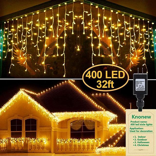 KNONEW LED Icicle Lights, 400 LEDs, 32ft, 8 Modes, Curtain Fairy Light with 75 Drops, Clear Wire LED String Decor for Christmas/Thanksgiving/Easter/Halloween/Party Backdrops Decorations (Warm White)