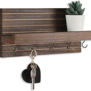 Decorative Key Holder for Wall with Shelf, Entryway Shelf with Hooks Holds Leashes, Jackets and Glasses – Sturdy Wood Keyholder Entrance Hanger with Mounting Hardware (Brown)