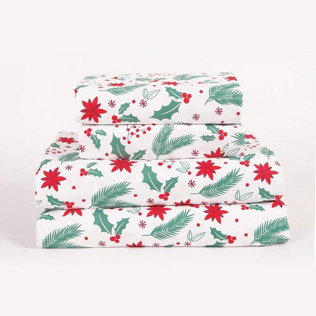 Aubrie Home Accents 4-Piece Christmas Greens Holiday Mistletoe Poinsettia Deep Pocket Microfiber Bed Sheet Set, Queen, Green Red White