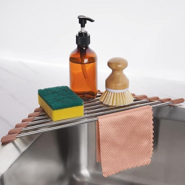 Tomorotec Triangle Roll-Up Dish Drying Rack for Sink Corner Small Foldable Stainless Steel Over The Sink Multipurpose Kitchen Drainer Caddy Trivet Rustproof Storage Space Saver Shelf (Chocolate Brown)