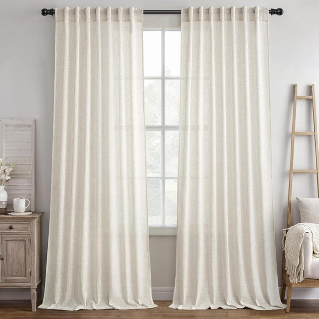 Ivory Cream Linen Back Tab Curtains 84 Inch Length 2 Panels Set, Semi Sheer Light Filtering Privacy Drapes for Modern Farmhouse Living Room Bedroom, Neutral Textured Pinch Pleated Look Window Curtains