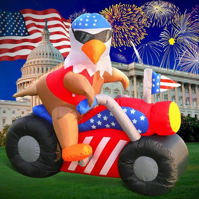 DomKom 6 FT Patriotic Independence Day 4th of July Inflatable Outdoor Decoration, Bald Eagle Sitting on Motorcycle, LED Lights Holiday Blow Up for Fourth of July Party Garden Yard Lawn Decor