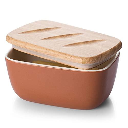 DOWAN Porcelain Butter Dish - Covered Butter Container with Wooden Lid for Countertop, Farmhouse Butter Dish with Covers Perfect for East West Coast Butter, Orange