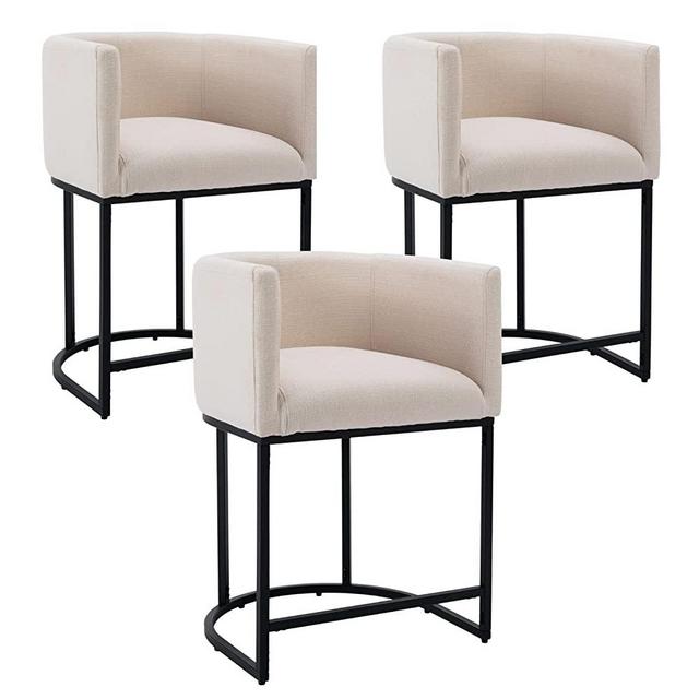 Modern Counter Height Linen Fabric Upholstered Counter Stools Set of 3, 24 inch Kitchen Island Stool with Black Tubular Frame, Cream