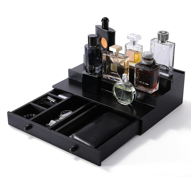 Boulphia Cologne Organizer for Men, 3-Tier Cologne Stand with Drawer and Hidden Compartment, Wooden Cologne Shelf for Perfume Organization and Storage Display Holder, Great Gift for Men, Black