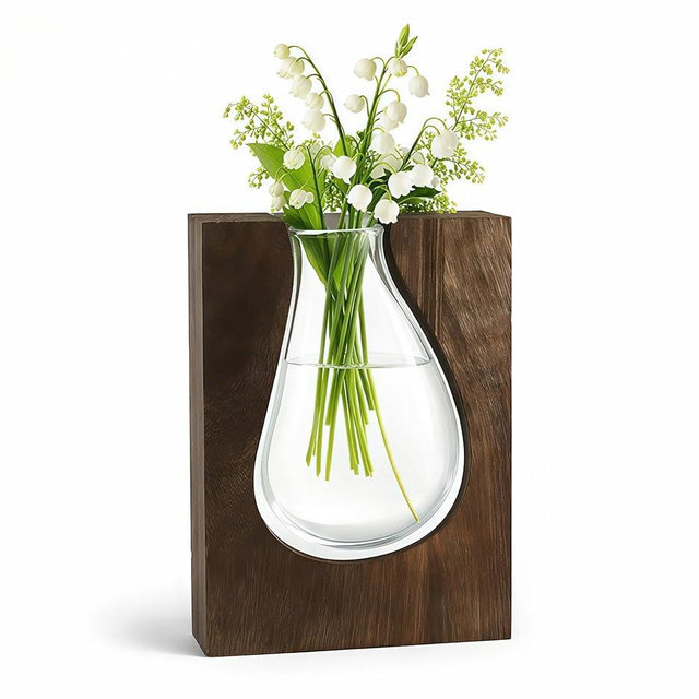 Kowckaa Wood and Glass Vase for Flowers - Handcrafted Solid Wood Glass Vase, Rustic Farmhouse Table Centerpiece, Artistic Wooden Vases for Home Decor Living Room (Large - Wide (9.5" H x 6.9" W))