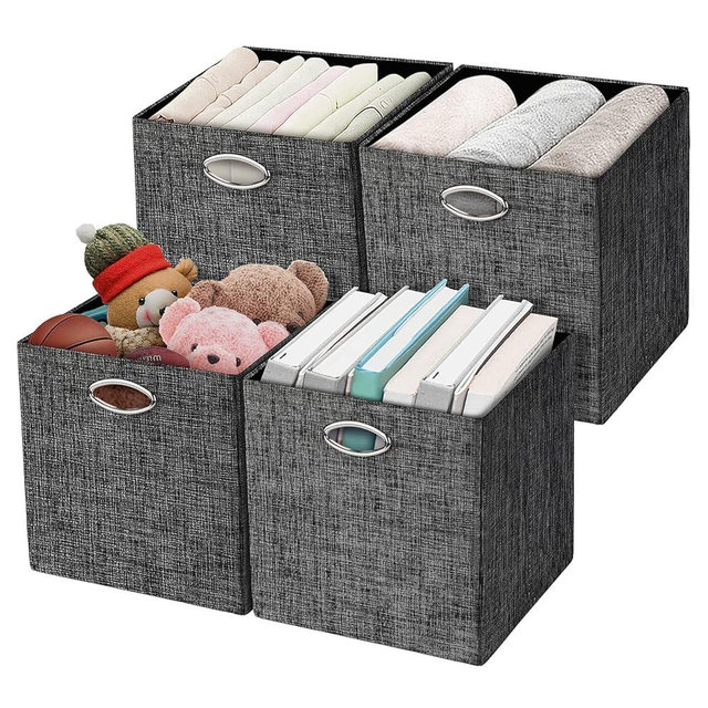 Posprica Storage Cubes,12×12 Storage Bins,Foldable Storage Baskets Fabric Drawers Containers for Shelf Cabinet Bookcase,Thick and Heavy Duty (4pcs, black)