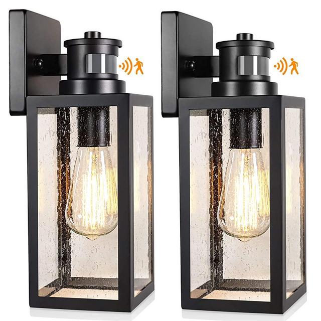 2-Pack Motion Sensor Outdoor Wall Lanterns, Upgrade Dusk to Dawn Wall Sconce, Waterproof Porch Light Fixtures Wall Mount with Seeded Glass for Entryway Doorway Garage, E26 Socket, PIR Motion Activated
