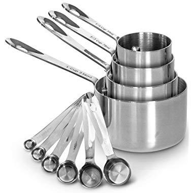 Heavy-Duty Unbreakable 18/8 Stainless Steel Measuring Cups and Spoons Set with Long Riveted Handles, Polished Stackable Measuring Cup and Measuring Spoon, Built to Last a Lifetime - Set of 10