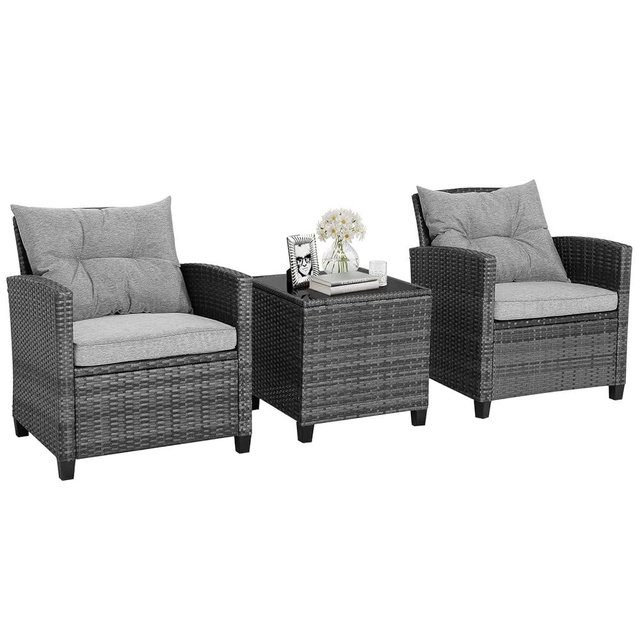 HAPPYGRILL 3 Pieces Patio Conversation Set, Outdoor Furniture Set PE Rattan Sofa Set with Removable Cushions, PE Wicker Chairs with Tempered Glass Side Table for Porch Lawn Garden Balcony Backyard