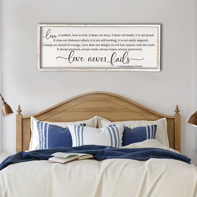 flowtorely Love is Patient Love is Kind Wall Art Decor 40"X15" Love Never Fails Sign 1 Corinthians 13 Bedroom Above Bed Large Bible Verse Quote Scripture Christianity Hanging Sign (White)