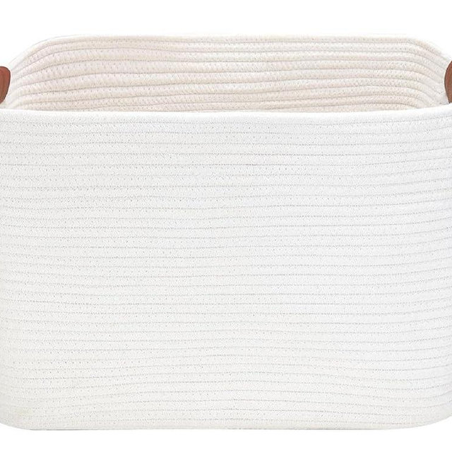 Large Cotton Rope Storage Basket with Leather Handles, Laundry Hamper Basket, 20 "L x 14" W x 12 "H, Durable & Stylish Organizer for Home.(Large White)