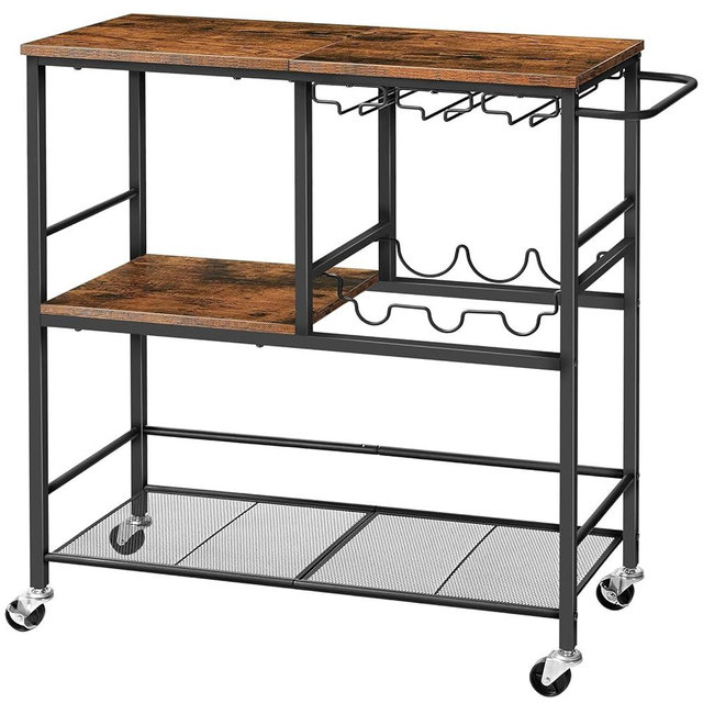 HOOBRO Bar Cart for The Home, 29.5 inches 3-Tier Serving Cart with Wheels, Rolling Kitchen Cart with Wine Rack and Glass Holder for Living Room, Party, Bar, Rustic Brown and Black BF21TC01G1