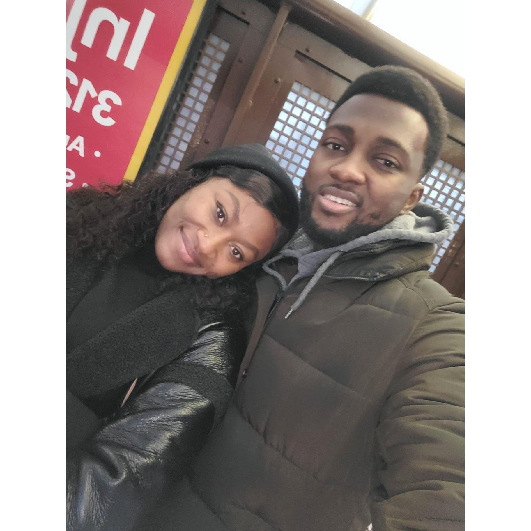 Our first photo together after reuniting in the U.S
