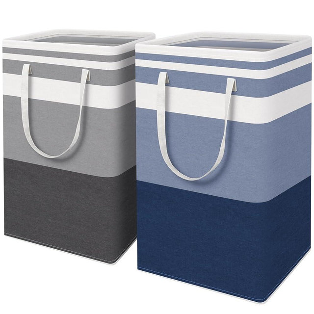 HomeHacks 2 Pack Large Laundry Baskets, Waterproof, Freestanding Laundry Hampers, Collapsible Clothes Hamper with Reinforced Handles in Laundry, College Dorm, Bathroom, Bedroom (Grey+Blue, 88Lx2)