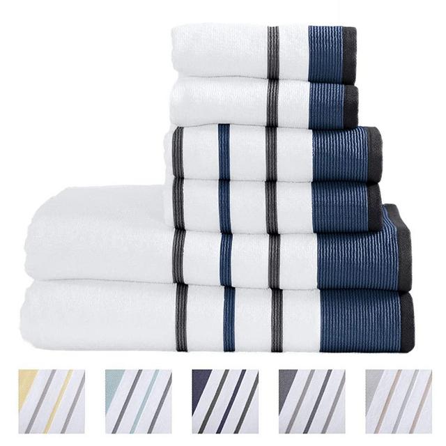 Great Bay Home 100% Turkish Cotton Striped Bath Towels, Luxury 6 Piece Set - 2 Bath Towels, 2 Hand Towels and 2 Washcloths. Highly Absorbent Quick-Dry Towels (6 Piece Set, Moroccan Blue/December Sky)