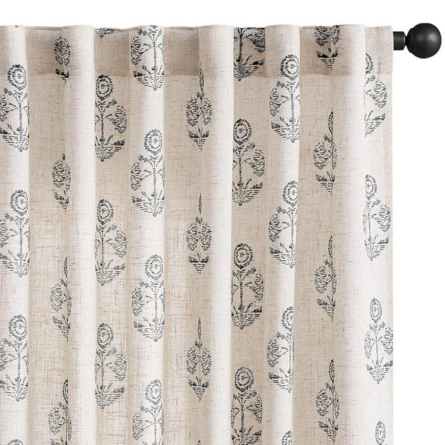jinchan Linen Floral Curtains for Living Room 84 Inch Length Black Flower Cottage Core Farmhouse Curtains Rod Pocket Back Tab Boho Semi Sheer Window Drapes Bedroom Set 2 Panels Black on Beige