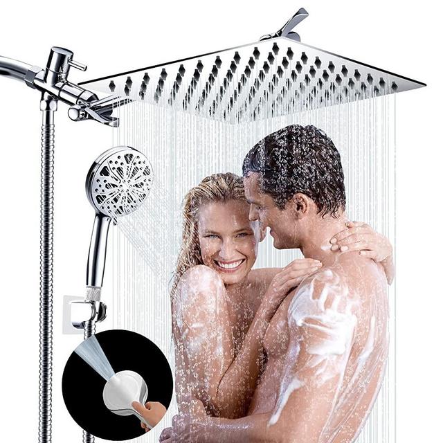 12" High Pressure Rain Shower Head, Shower Head with 11 Inch Extension Arm, 10-mode Handheld Shower Head with Holder/Hose, Built-in Power Wash to Clean Tub, Tile & Pets, Flow Regulator, Chrome